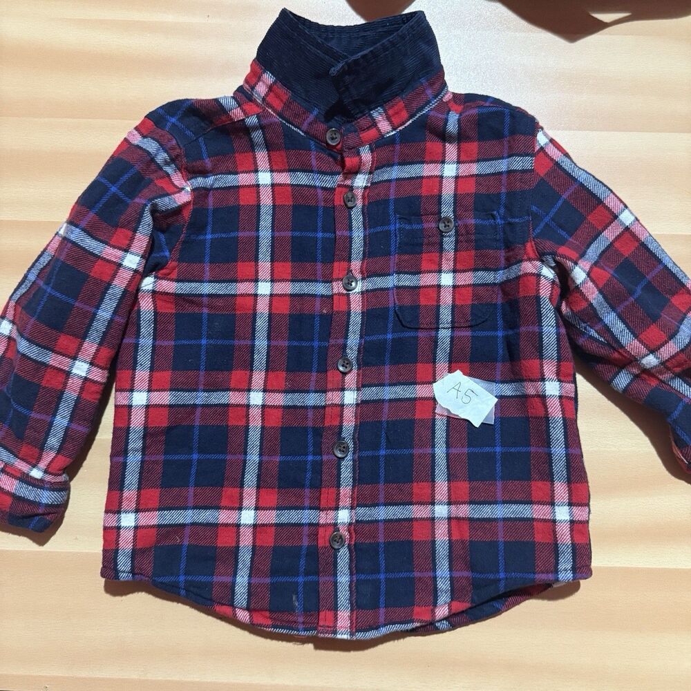 3/$15 Old Navy Boys Flannel Shirt 3T Red Blue Plaid Button Up Long Sleeve